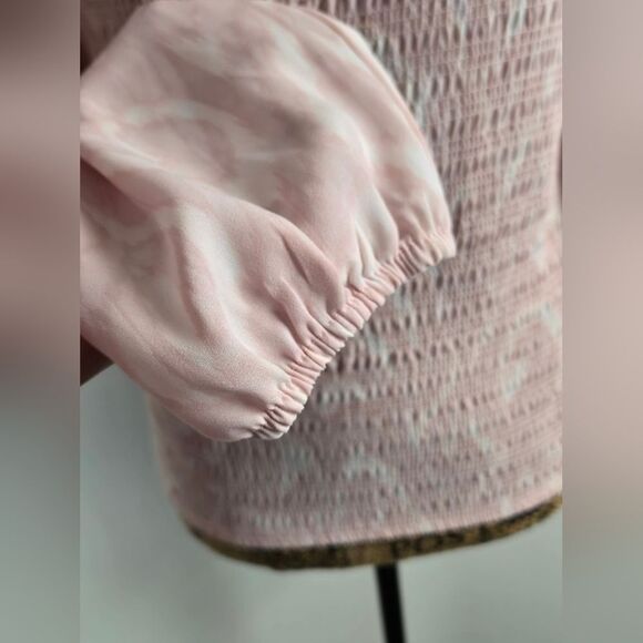 HALOGEN Smocked Long Puff Sleeve Blouse Sz S Light Pink & White - Picture 4 of 6